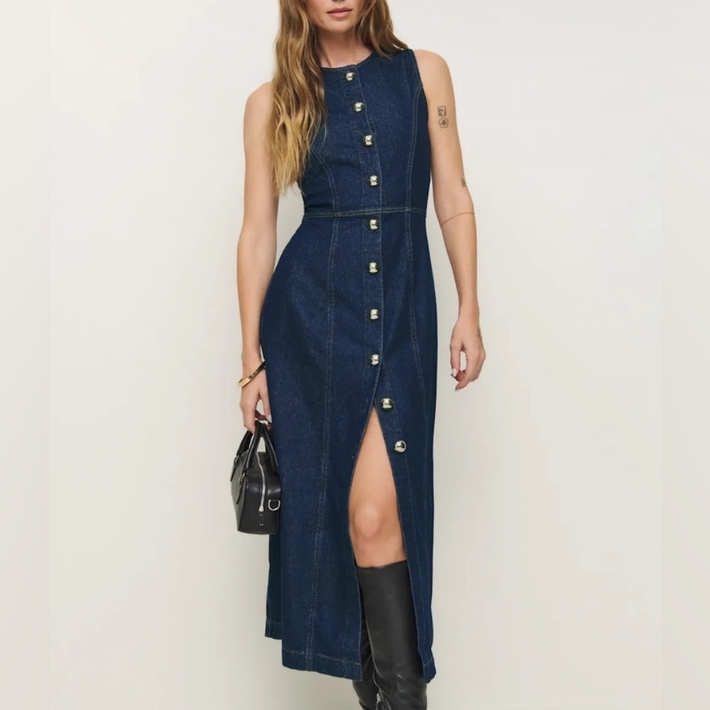 Reformation 10 Roswell Denim Midi Dress Organic Cotton Fitted Business Casual - Picture 6 of 10